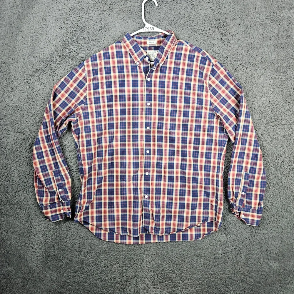 J. Crew Mens‎ XL Classic Button Up Shirt Organic Cotton Plaid Stretch